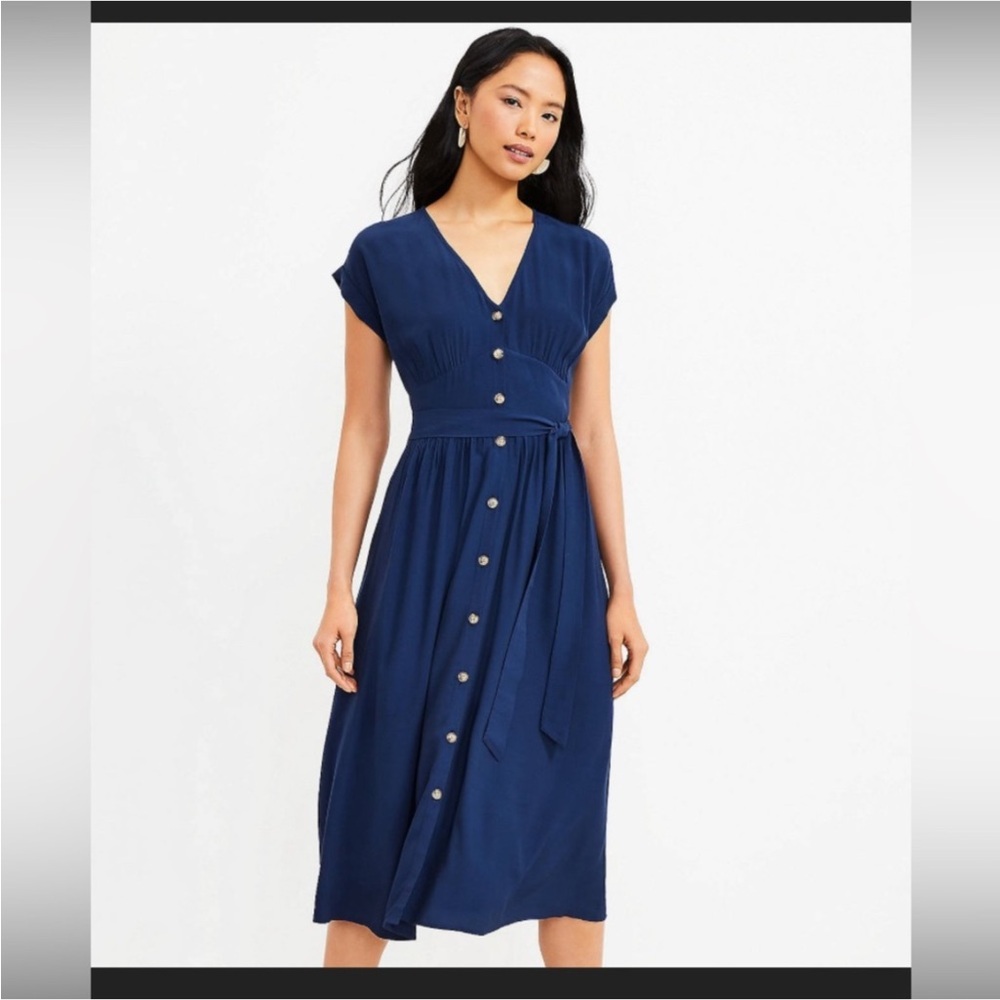 NWOT Loft Navy Button Up Midi Dress